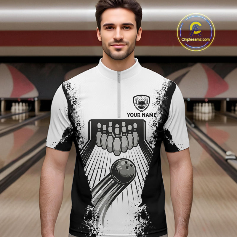 White And Grunge Black Bowling Jerseys For Men Custom Bowling Polo 1/4-Zip Shirt, Gift For Bowlers NYN3127