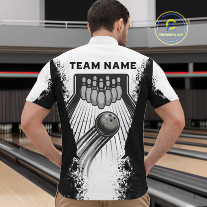 White And Grunge Black Bowling Jerseys For Men Custom Bowling Polo 1/4-Zip Shirt, Gift For Bowlers NYN3127