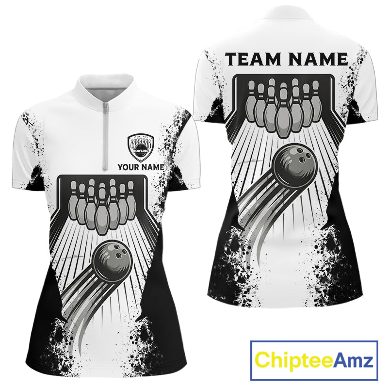White And Grunge Black Bowling Jerseys For Women Custom Bowling Polo 1/4-Zip Shirt, Gift For Bowlers NYN3127