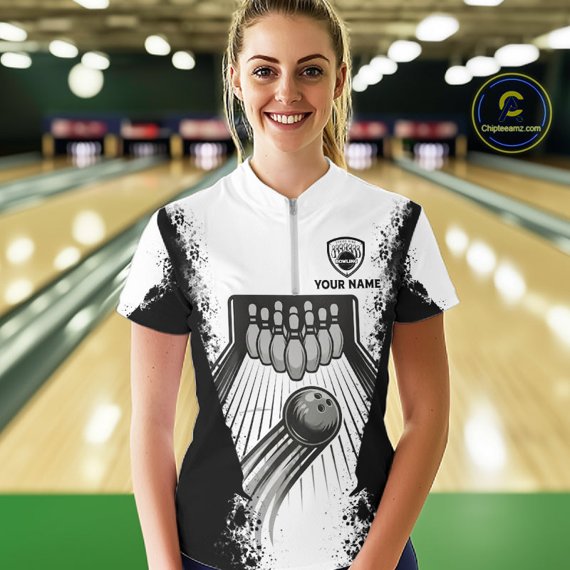 White And Grunge Black Bowling Jerseys For Women Custom Bowling Polo 1/4-Zip Shirt, Gift For Bowlers NYN3127