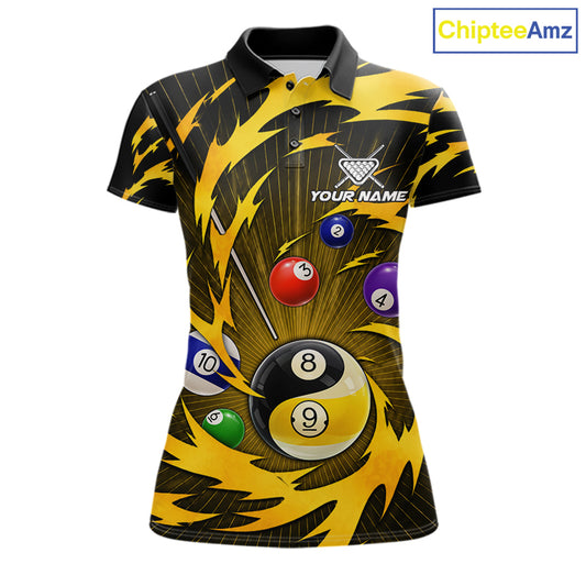 Yellow tornado yin yang billiard shirt for women with custom 8 ball and 9 ball graphics