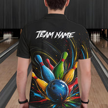 Load image into Gallery viewer, Male bowler wearing splatter colorful bowling ball and pins bowling jersey, custom bowling team shirt, bowling league apparel, tournament bowling outfit