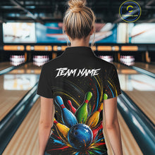 Load image into Gallery viewer, Female bowler wearing splatter colorful bowling ball and pins bowling jersey, custom bowling team shirt, bowling league apparel, tournament bowling outfit