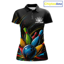 Load image into Gallery viewer, Splatter colorful bowling ball and pins women's bowling polo shirt, custom bowling team jersey, splash bowling league uniform, personalized bowling apparel, bowling tournament shirt, performance bowling polo