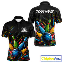 Load image into Gallery viewer, Splatter colorful bowling ball and pins men's bowling polo shirt, custom bowling team jersey, splash bowling league uniform, personalized bowling apparel, bowling tournament shirt, performance bowling polo