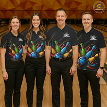 Load image into Gallery viewer, Men women bowling team wearing matching splatter colorful bowling jerseys, custom bowling team uniforms, bowling league shirts, tournament bowling apparel