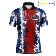 Load image into Gallery viewer, American flag men's bowling polo shirt, patriotic bowling jersey, red blue bowling team uniform, USA bowling apparel, custom bowling league shirt, personalized bowling jersey