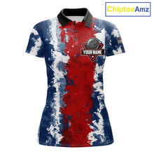 Load image into Gallery viewer, American flag women's bowling polo shirt, patriotic bowling jersey, red blue bowling team uniform, USA bowling apparel, custom bowling league shirt, personalized bowling jersey