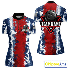 Load image into Gallery viewer, American flag women's bowling quarter-zip shirt, patriotic bowling team jersey, custom USA bowling uniform, tournament bowling apparel