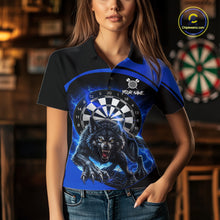 Load image into Gallery viewer, Female darts player wearing horror wolf dart jersey, thunder lightning darts shirt, personalized wolf dart apparel, tournament darts clothing