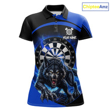 Load image into Gallery viewer, Thunder lightning horror wolf women's darts polo shirt, blue wolf dart jersey, custom dart team uniform, personalized darts apparel, fierce wolf dart clothing