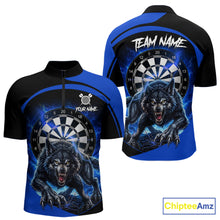 Load image into Gallery viewer, Thunder lightning horror wolf men's quarter-zip dart shirt, custom wolf dart jersey, personalized darts team apparel, blue lightning dart uniform
