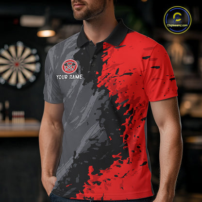 Male model wearing Splatter Red & Grey custom American Flag darts polo shirt at tournament, patriotic team jersey, competitive dart league apparel, confidence, freedom, teamwork