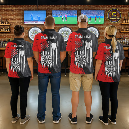 Professional darts team wearing matching Splatter Red & Grey American Flag polo and quarter-zip jerseys, personalized league uniforms, patriotic tournament apparel, teamwork, military appreciation, unity, championship performance