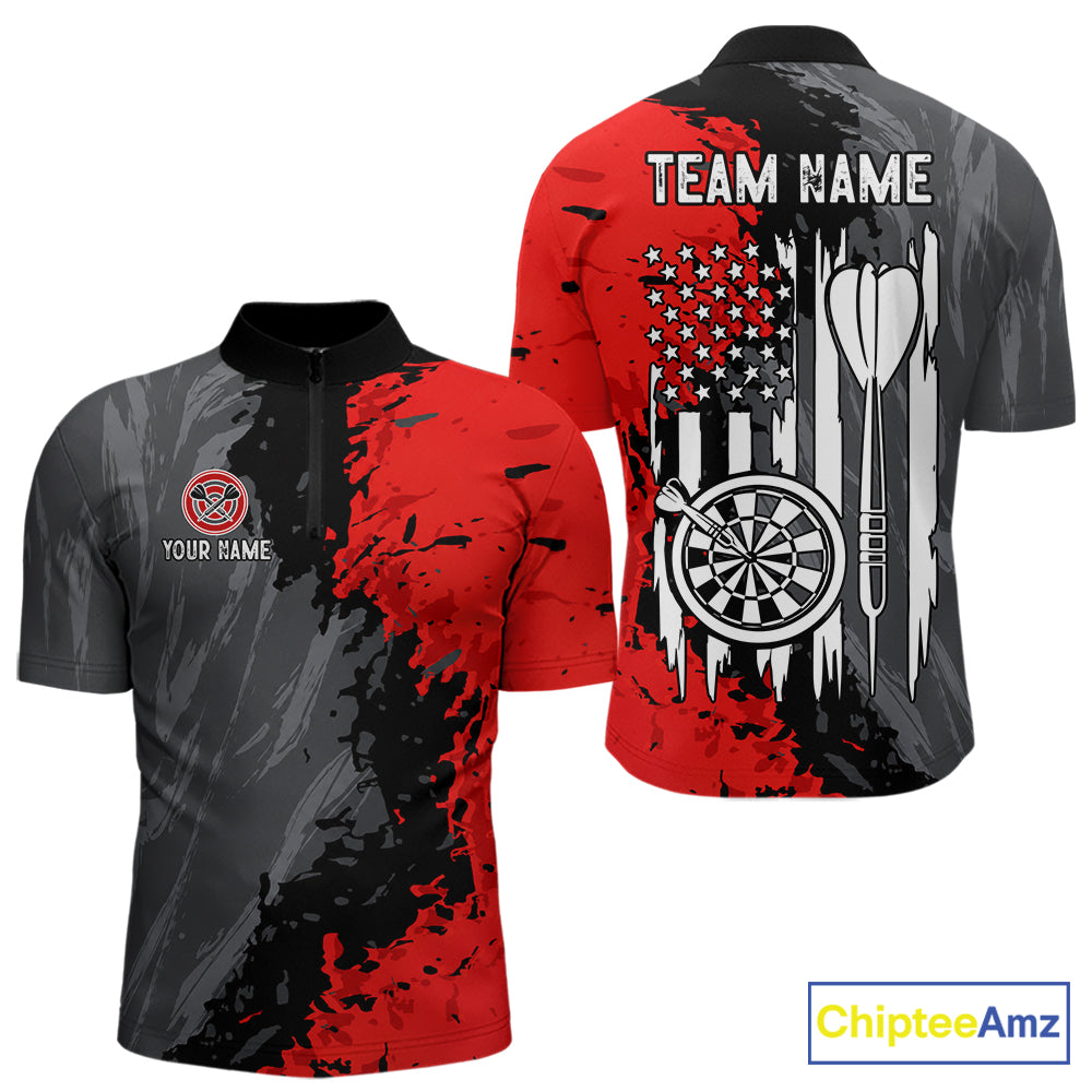 Custom Splatter Red & Grey Men's Quarter-Zip Darts Shirt, Personalized Patriot Dart League Jersey, Athletic Tournament Apparel, American Flag Performance Uniform, Strength, Leadership & Championship Mindset