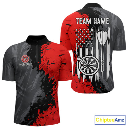 Custom Splatter Red & Grey Men's Quarter-Zip Darts Shirt, Personalized Patriot Dart League Jersey, Athletic Tournament Apparel, American Flag Performance Uniform, Strength, Leadership & Championship Mindset