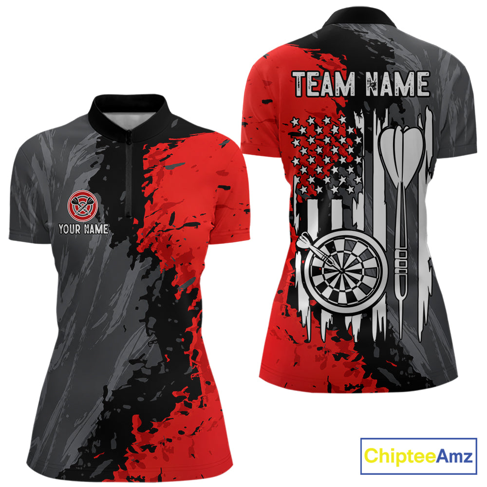 Custom Splatter Red & Grey Women's Quarter-Zip Darts Shirt, Personalized American Flag Dart Team Jersey, Moisture-Wicking Tournament Apparel, Patriot Performance Uniform, Victory, Precision & Team Spirit