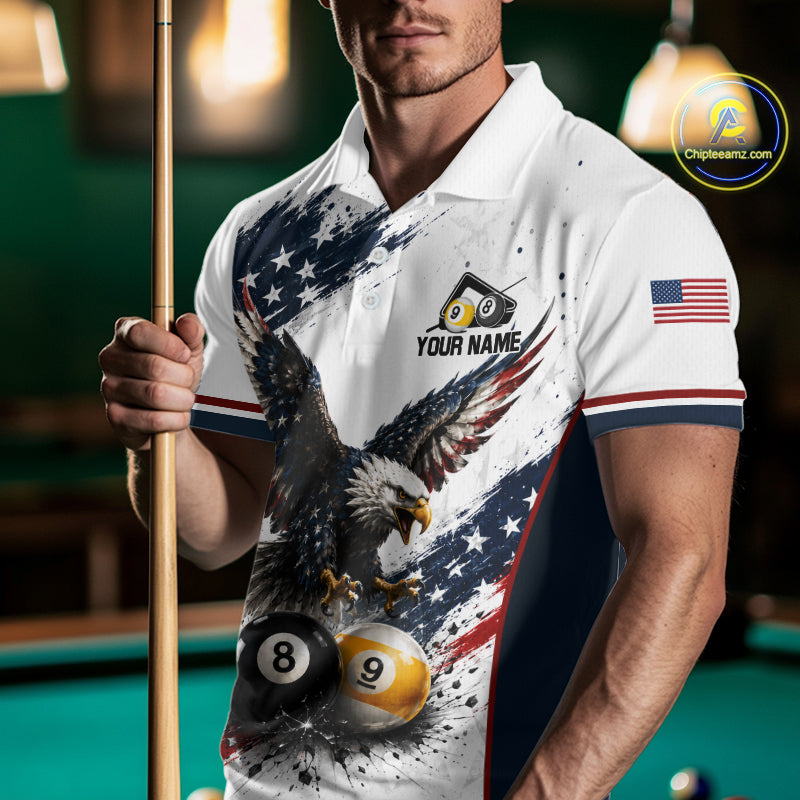 Male model wearing Vintage Eagle billiard polo shirt during billiard league tournament, patriotic sports apparel, leadership, precision, competitive mindset