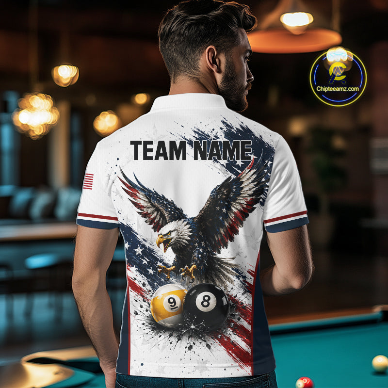 Male model wearing Vintage Eagle billiard polo shirt during billiard league tournament, patriotic sports apparel, leadership, precision, competitive mindset