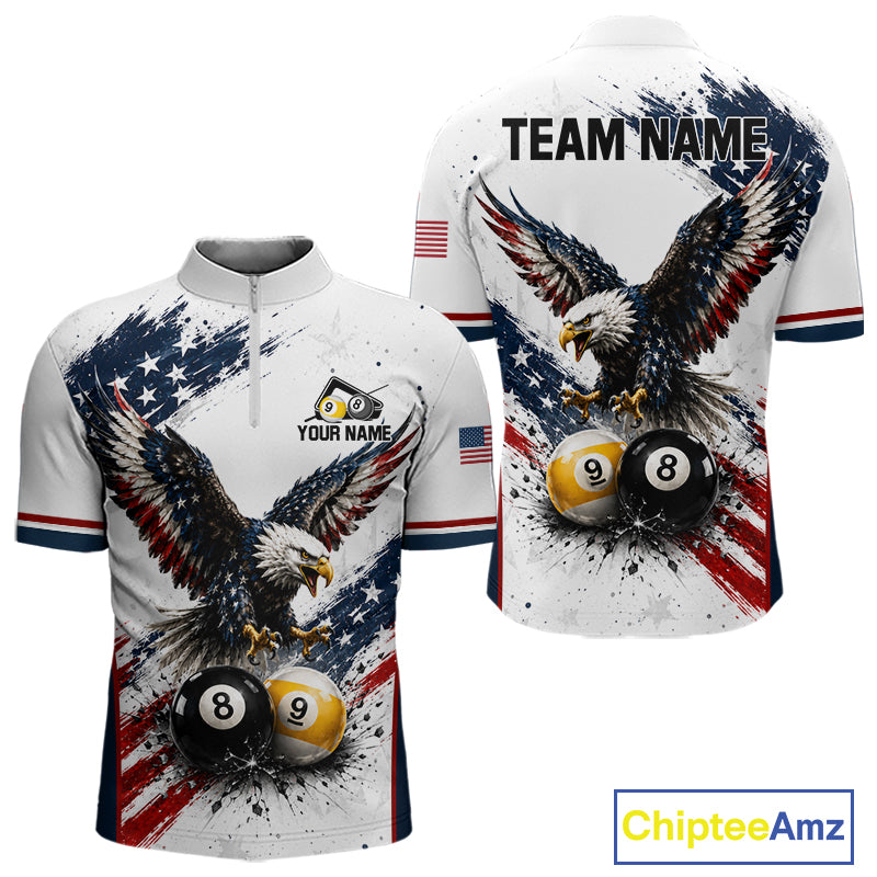 Vintage Eagle Men's Quarter-Zip Billiard Shirt, Personalized American Flag Pool Team Jersey, Patriotic Tournament Performance Apparel