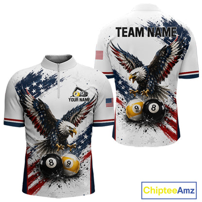 Vintage Eagle Men's Quarter-Zip Billiard Shirt, Personalized American Flag Pool Team Jersey, Patriotic Tournament Performance Apparel