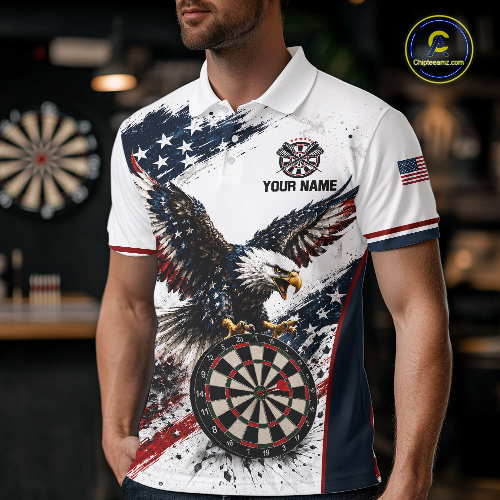 Male model wearing Vintage Eagle Grunge custom darts polo shirt at league competition, patriotic eagle apparel, vintage sports style, leadership, determination