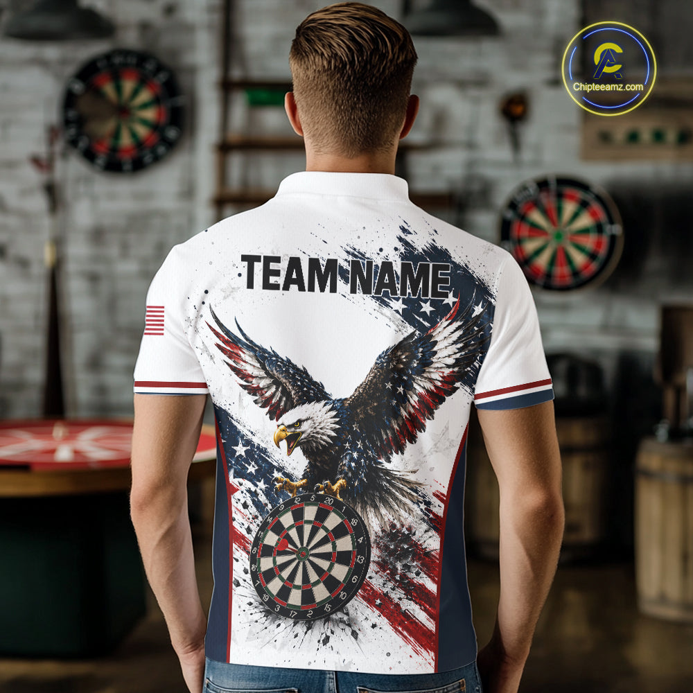 Male model wearing Vintage Eagle Grunge custom darts polo shirt at league competition, patriotic eagle apparel, vintage sports style, leadership, determination