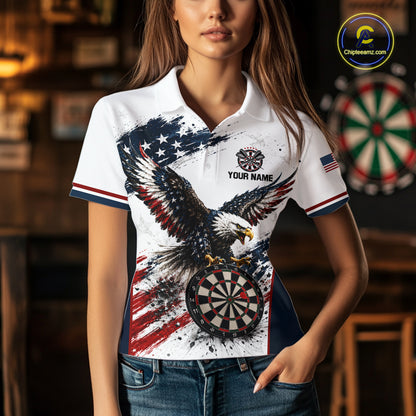 Female model wearing Vintage Eagle Grunge personalized darts polo shirt during patriotic tournament, retro eagle artwork, American pride, confidence, athletic lifestyle, competitive performance