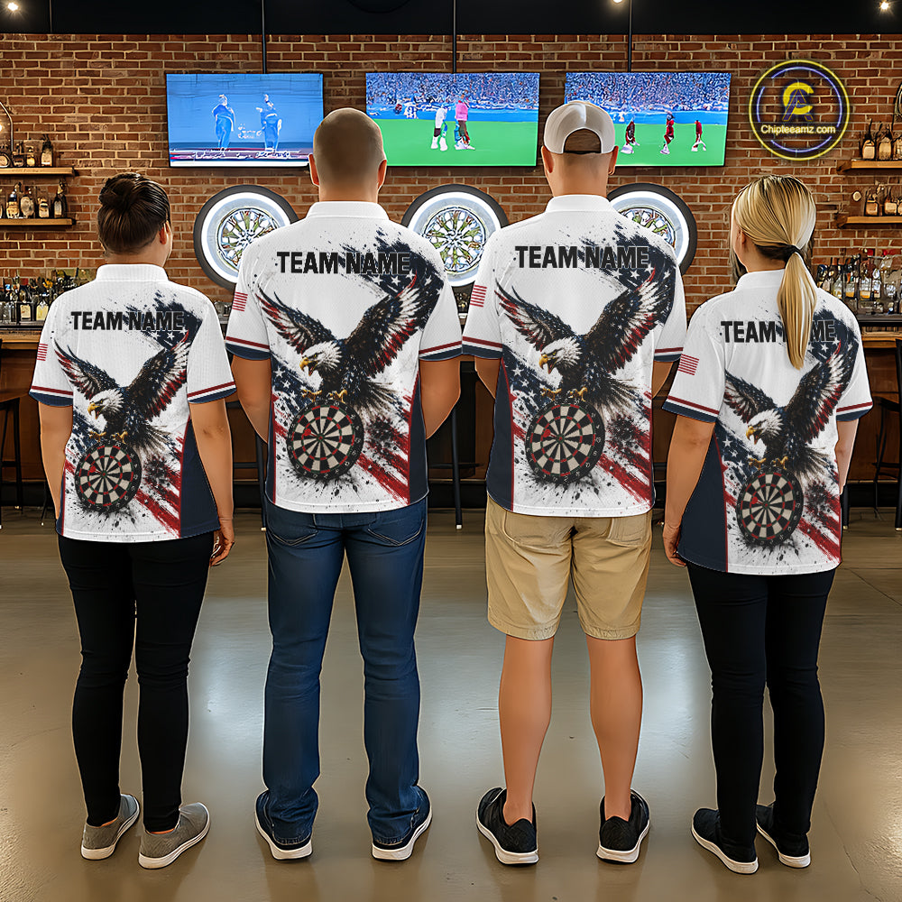 Darts team wearing matching Vintage Eagle Grunge polo and quarter-zip jerseys, personalized patriotic uniforms, retro Americana, teamwork, freedom, championship performance, veteran tribute