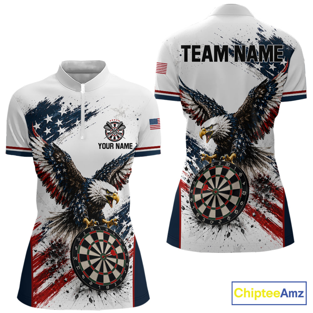 Vintage Eagle Grunge Women's Quarter-Zip Darts Shirt, Personalized American Flag Tournament Jersey, Retro Performance Apparel, Eagle Symbol, Leadership, Freedom & Precision