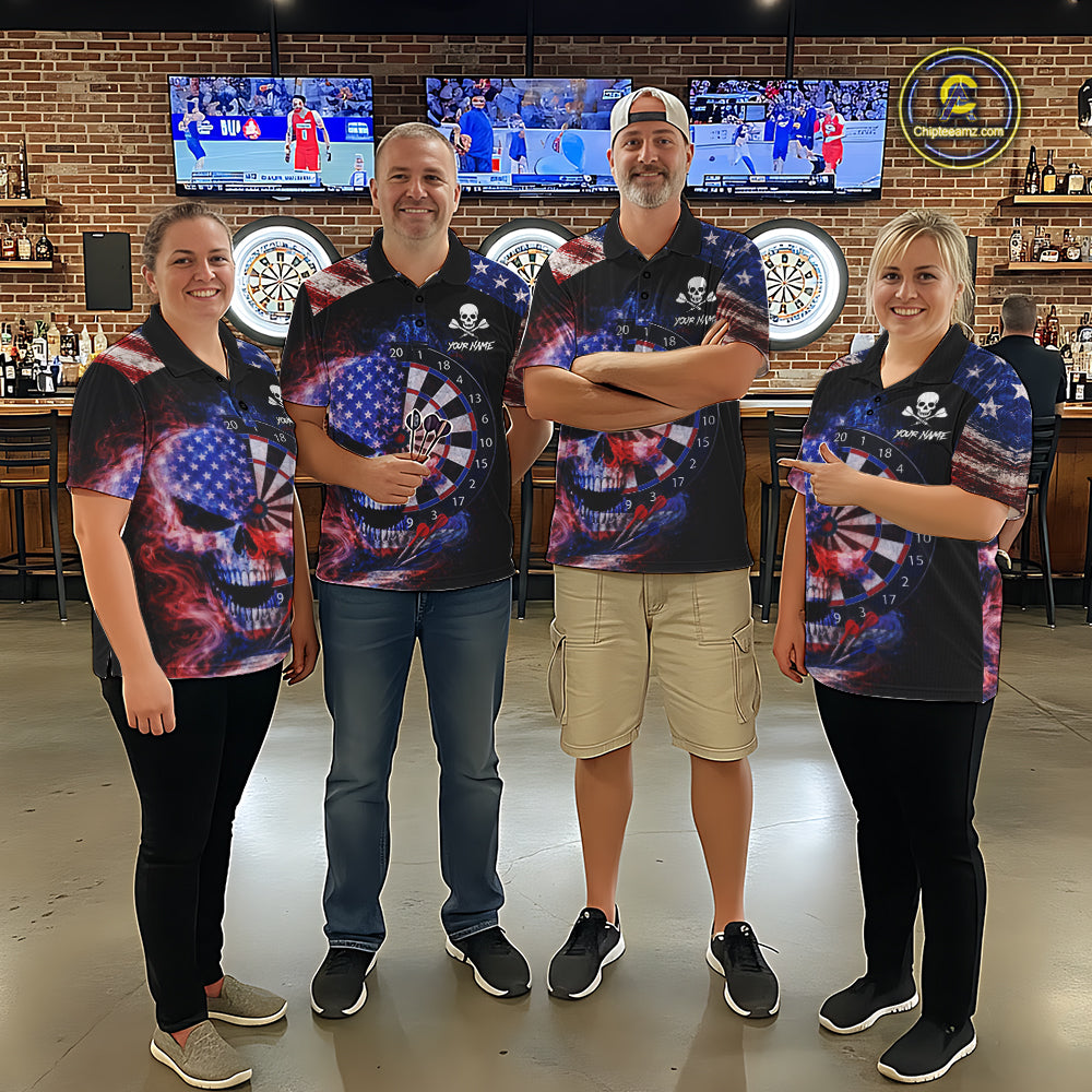 Smoke US Flag Skull Dartboard Women Darts Polo Shirt Custom Retro Patriotic Darts Jerseys NYN2550