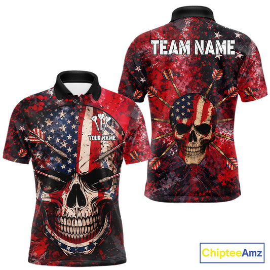 Red Grunge US Flag Skull Dart Arrow Men Darts Polo Shirt Custom Retro Darts Team Jerseys NYN2552
