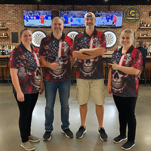 Load image into Gallery viewer, Red Grunge US Flag Skull Dart Arrow Men Darts Polo Shirt Custom Retro Darts Team Jerseys NYN2552