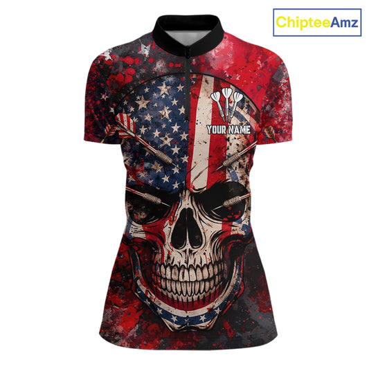Red Grunge US Flag Skull Dart Arrow Women Darts Quarter-Zip Shirt Custom Retro Darts Team Jerseys NYN2552