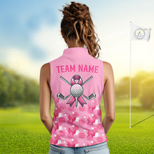 Load image into Gallery viewer, Woman wearing a pink sleeveless shirt with a golf design and 'Team Name' text on a golf course.