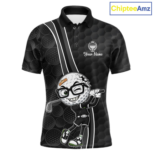 Black polo shirt with cartoon golf ball design