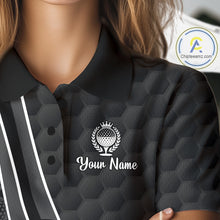 Load image into Gallery viewer, Black patterned polo shirt with a logo and 'Your Name' text on a mannequin.