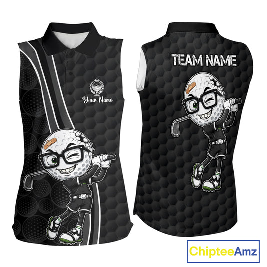 Sleeveless sports jersey with cartoon golf ball character and customizable text on a white background