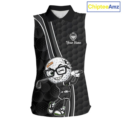 Black sleeveless golf shirt with cartoon character