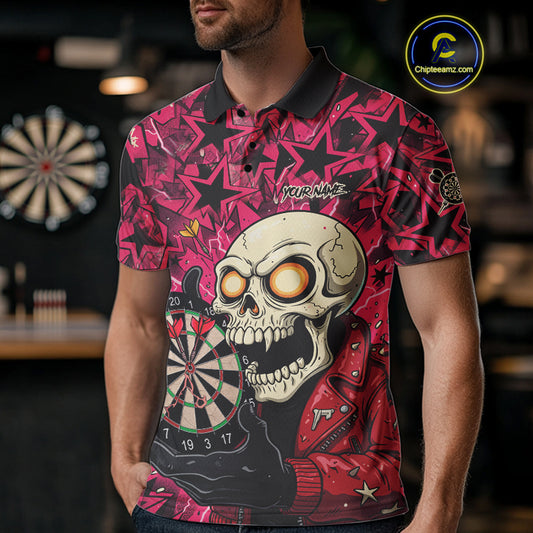 Pink Star Funny Skeleton Dartboard Custom Mens Polo Dart Shirt Funny Dart Jerseys NYN1759