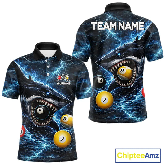 Thunder Blue Funny Shark Play Pool 8 Ball Men's Billiard Shirt Custom Billiard Team League Attire NYN2558