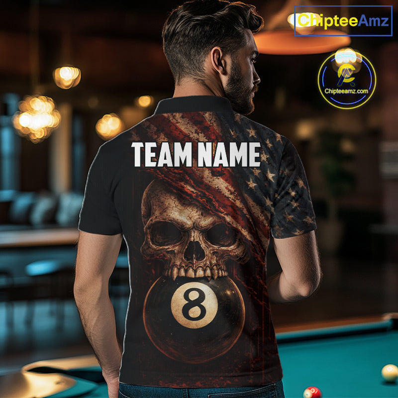 Grunge Vintage US Flag Skull Pool 8 Ball Men Billiard Shirt Custom Retro Billiard Team Attire NYN2563