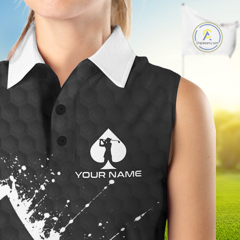 Black sleeveless golf shirt with a logo and 'Your Name' text on a blurred golf course background.
