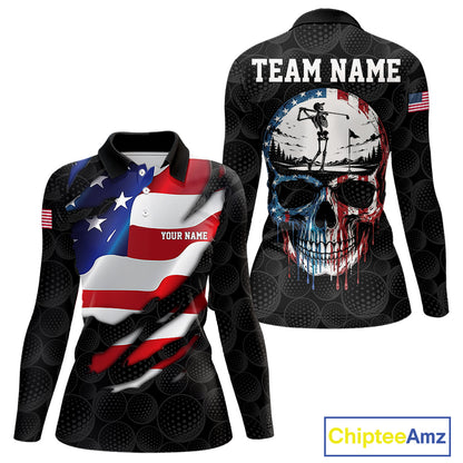 Black golf ball American skull golf polo  long sleeve shirt for women patriotic team outfit