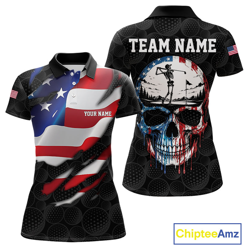 Black golf ball American skull golf polo shirt for women patriotic team outfit