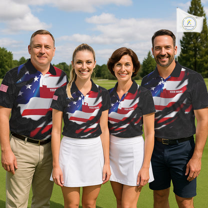 Mens US Flag Golf Polo Shirts Custom Black Golf Ball Pattern American Skull Golf Team Outfits NYN3327