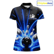 Load image into Gallery viewer, Thunder Bowling Ball And Pins Bowling Polo Shirt For Women Custom Blue Lightning Bowling Team Jersey Personalized League Apparel