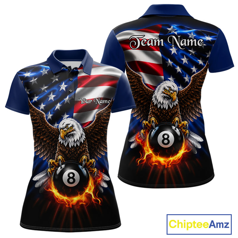 Custom Fire Flame Eagle 8 Ball Women's Billiard Polo Shirt, American Flag Patriot Pool Team Jersey, Personalized Billiards League Apparel, Performance Polo, Tournament Uniform, 8 Ball Pool, Cue Sports, USA Pride