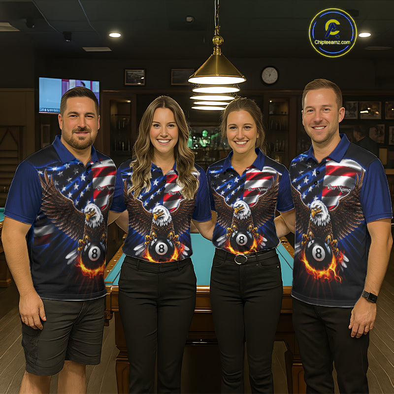 Pool team wearing matching Fire Flame Eagle billiard jerseys, patriotic league uniforms,pool tournaments, teamwork, championship, darts, bowling & golf crossover