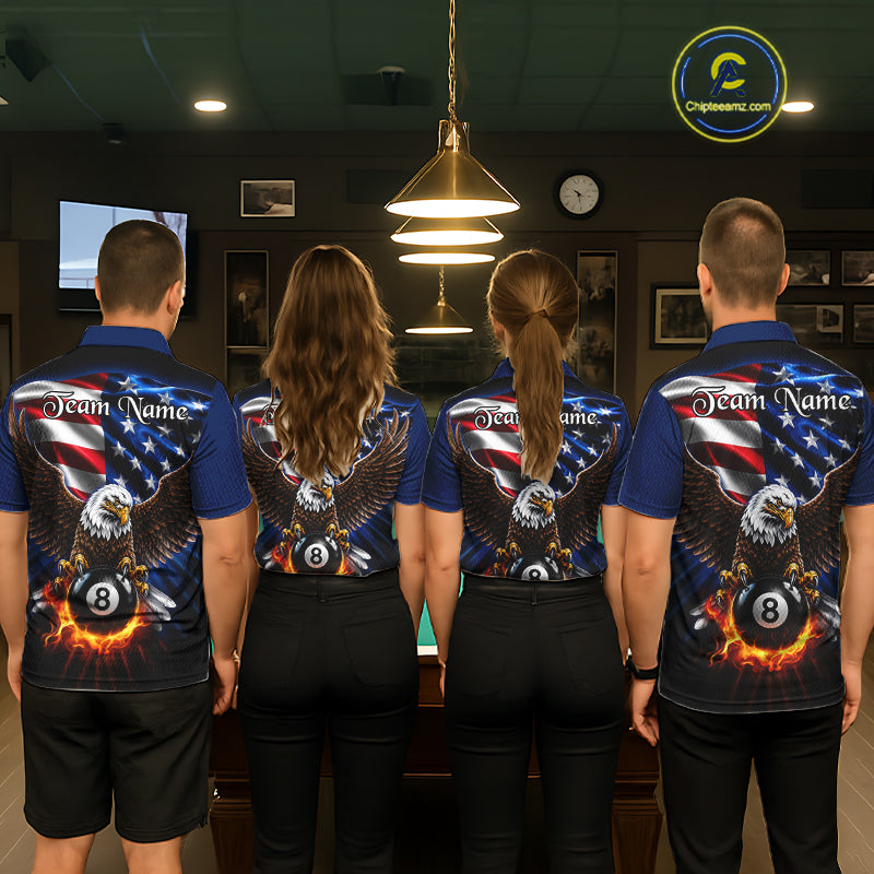 Pool team wearing matching Fire Flame Eagle billiard jerseys, patriotic league uniforms, pool tournaments, teamwork, championship, darts, bowling & golf crossover